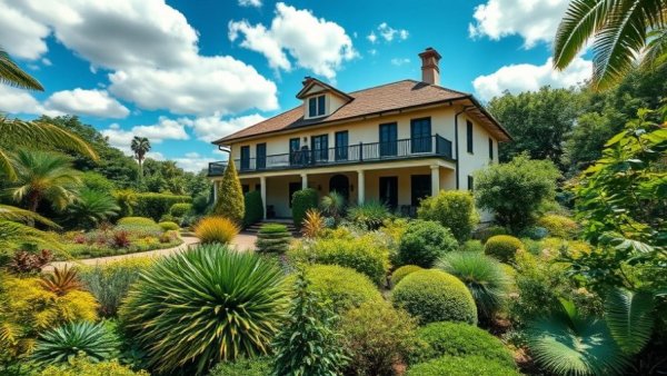 Colonial house with an ecological garden under a blue sky for Essential Guide to Ecological Gardening.