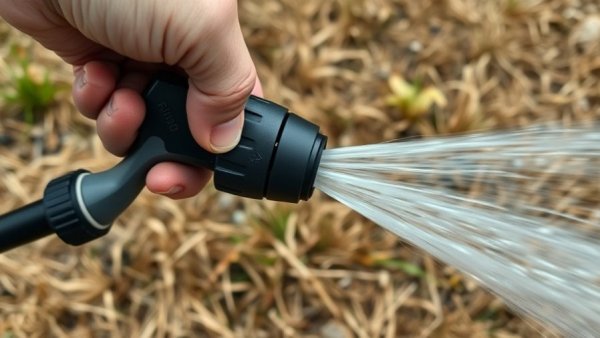 Close-up of a durable Hoselink garden hose spraying water.