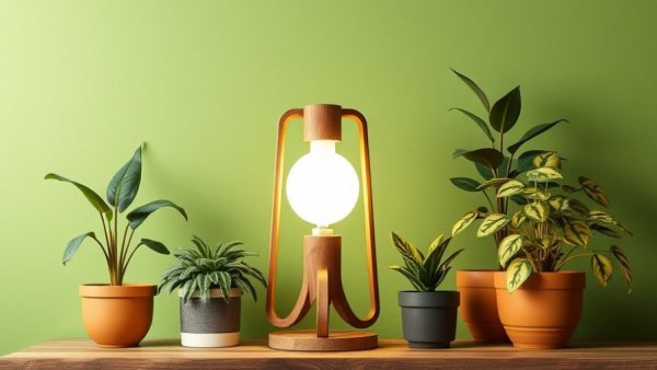 Stylish grow lights for indoor plants with glowing lamp and indoor greenery.