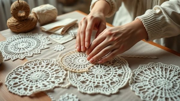 Close-up hands arranging doilies on a table, related to slow gardening trends.