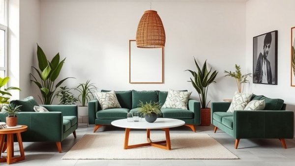 Living room design showcasing common decorating mistakes that can make a room feel smaller, with green sofa and indoor plants.