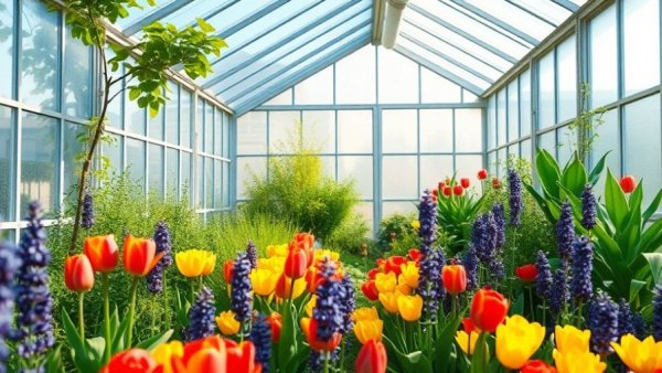 Lush greenhouse with vibrant flowers for winter growth tips.