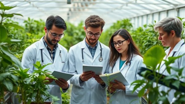 Scientists conducting formal gardening education in a greenhouse.