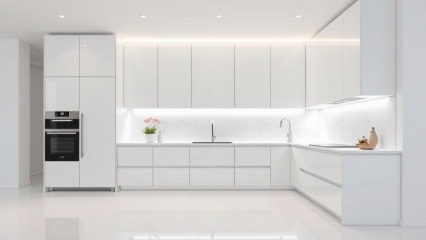 Sleek modern kitchen with white cabinets and marble backsplash, minimalistic style.