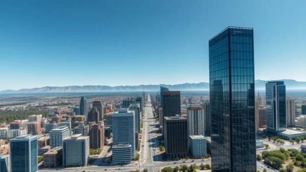 Urban cityscape with tall buildings and mountains in Arizona.