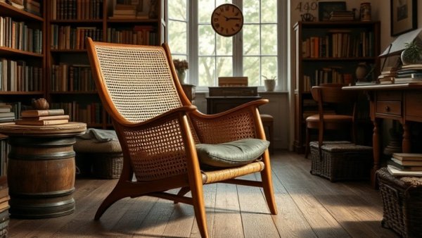 Monk armchair design in a vintage cozy room setting.