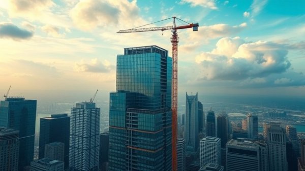 Modern skyscraper under construction in urban cityscape highlighting builders' risk insurance.