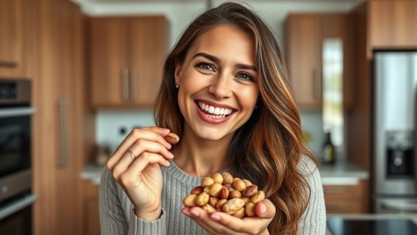Smiling woman enjoys mixed nuts, calorie-dense plants for weight gain.