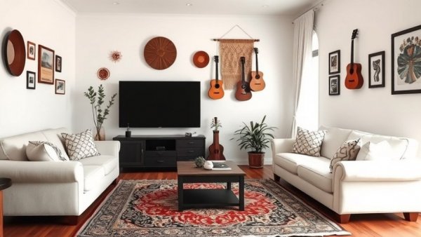 Cozy living room with vintage decor and woven art pieces.