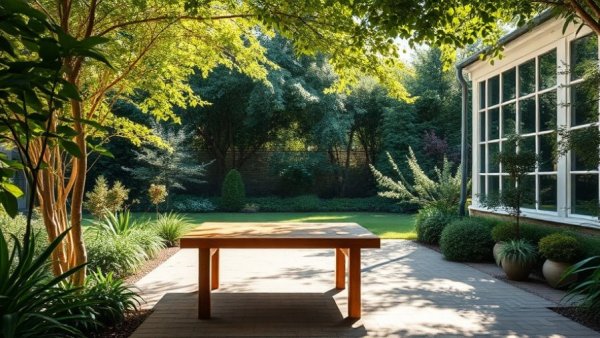 Tranquil garden patio with wooden table for saving money tips.