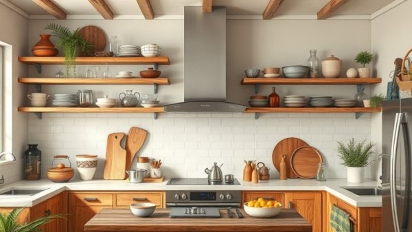 Sustainable kitchen designs with wooden cabinets and open shelves.