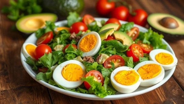 Keto garden fresh low-carb salad with eggs, avocado, and tomatoes.