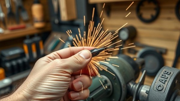 Hand sharpening drill bit on bench grinder in workshop.