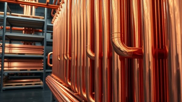 Copper pipes reflecting light indicate rising construction material costs.