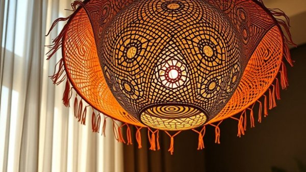 Woven lamp tapestry casting artistic shadows, inspired by Ghanaian basket-weaving.
