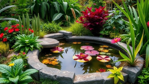 Raised garden pond with colorful plants, exploring wildlife myths.