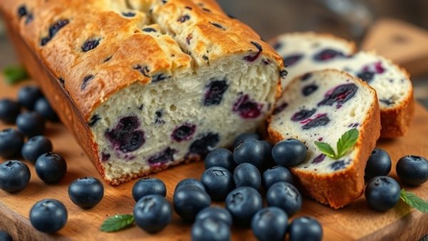 Sliced blueberry cream cheese loaf on wooden board with blueberries.