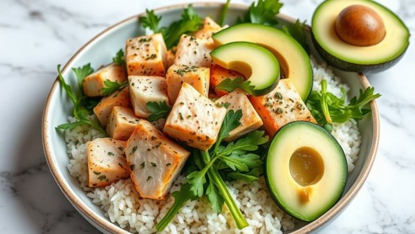 3-Ingredient tinned fish recipe with avocado and cucumber slices.