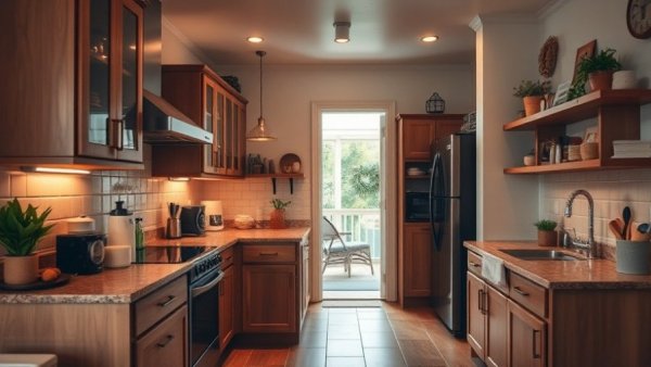 Cozy modern kitchen with wood cabinets and tiled counter, warm lighting.