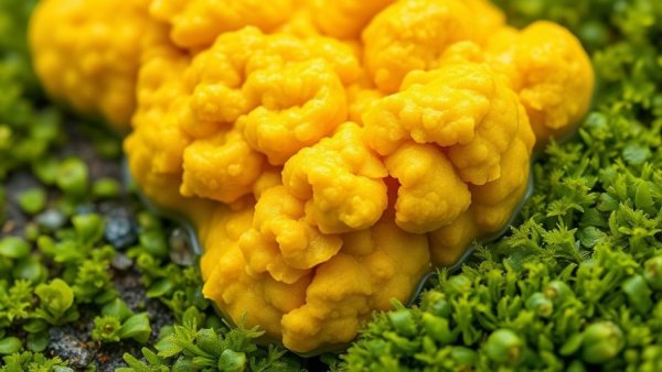 Close-up of dog vomit slime mold on moss.