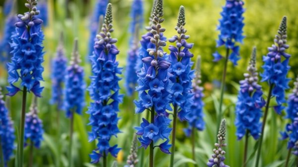 Vibrant blue Delphinium Flower of the Year in lush garden setting.