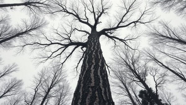 Tall tree with cracked bark in cold forest, branches extending skyward.