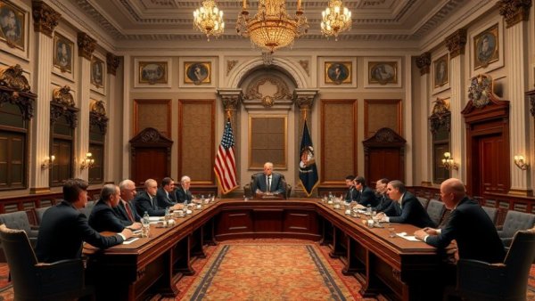 Formal meeting on FEMA staffing cuts in ornate room with officials.