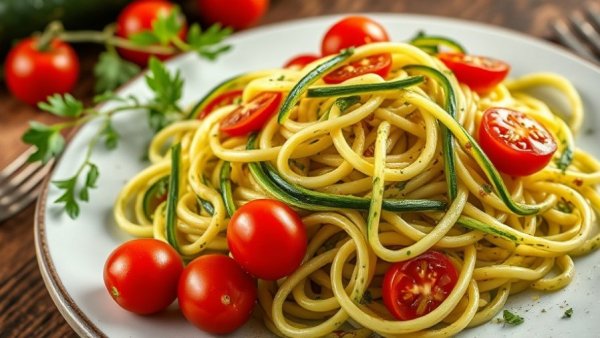Fresh zucchini noodle meal with cherry tomatoes on a wooden table