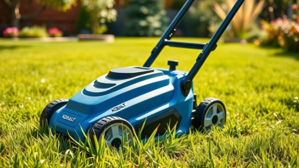 Kobalt cordless mower under $100 cutting grass in a sunny garden.