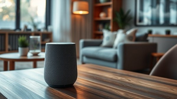 Smart speaker on table in cozy living room, Smart Home Security Risks.