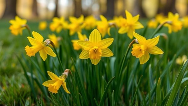 Narcissus flowers in bloom surrounded by lush greenery.