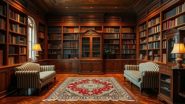 Villa Rezek restoration showcasing warm vintage library interior.