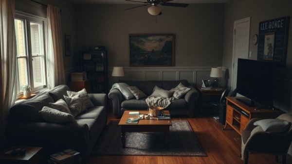 Living room before home staging transformation with dark furniture.