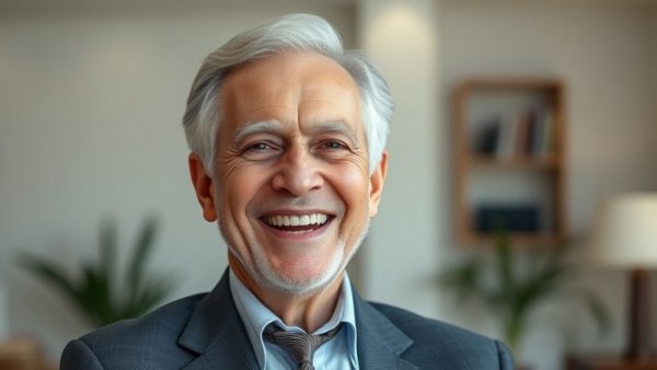 Older man smiling indoors, showcasing elegant attire