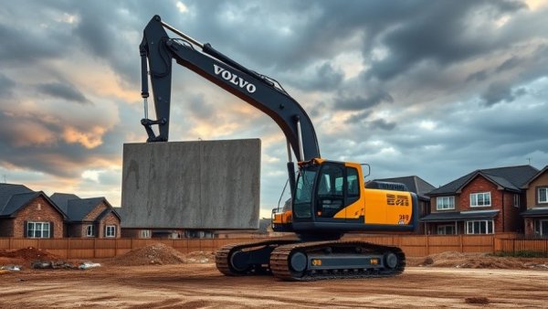 Volvo ECR255 Excavator lifting concrete slab on construction site.