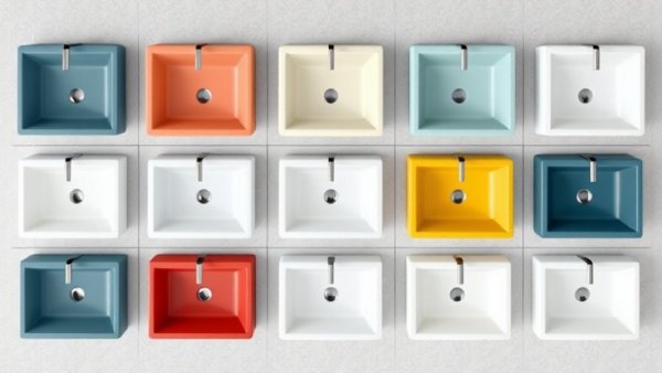 Colorful bathroom sinks in different shapes and colors.