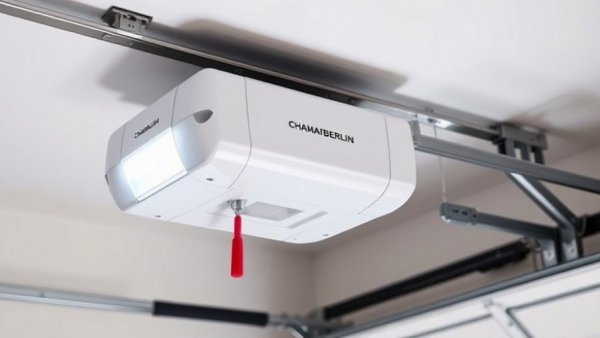 Illuminated Chamberlain MyQ garage door opener upgrade in a garage.