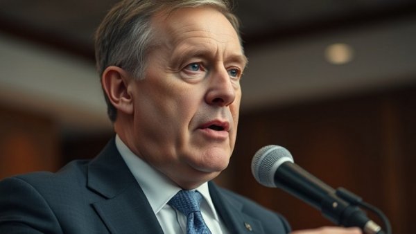Middle-aged man in suit discussing during formal event related to offshore wind projects.