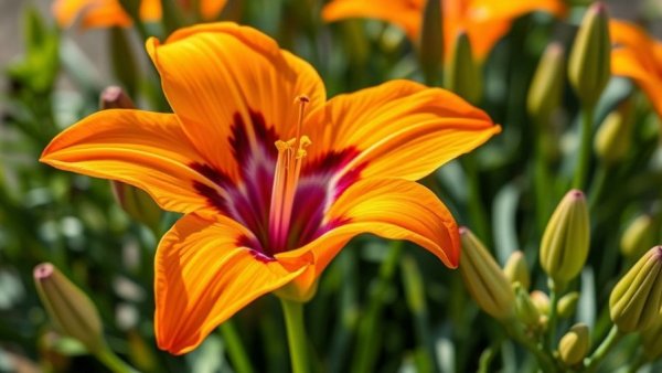 2026 landscaping plant color trends: Vibrant orange daylily with purple center.