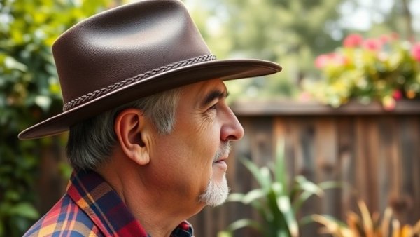 Leather outback hat in garden setting with vibrant greenery.