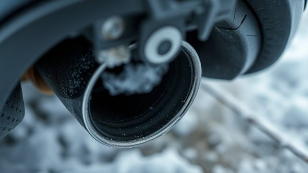 Car exhaust puffing vapor in snow, highlighting regulations.