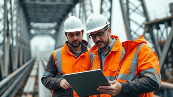 Construction workers using AI technology on site.