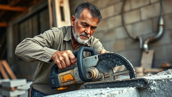 Middle-aged man using battery-powered saw on concrete in bright light.
