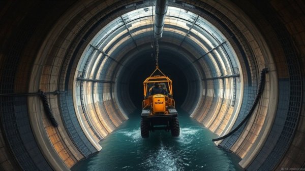 Diver-operated vehicle descending for water tunnel maintenance.