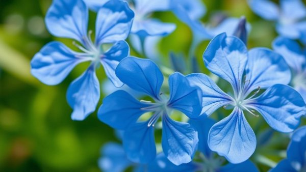 Vibrant blue flowers blooming gracefully in lush green background.