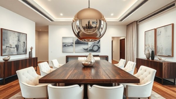 Modern dining room with metallic finishes trend 2026, featuring polished pendant lamp and wooden table.