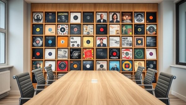 Scandinavian design office with acoustic performance wall and vinyl covers.