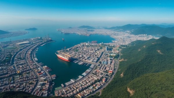 Aerial view of Brazilian coastal city with river and docks.