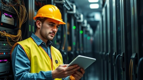 Technician in a data center reviewing server racks, illustrating data center expansion impact.