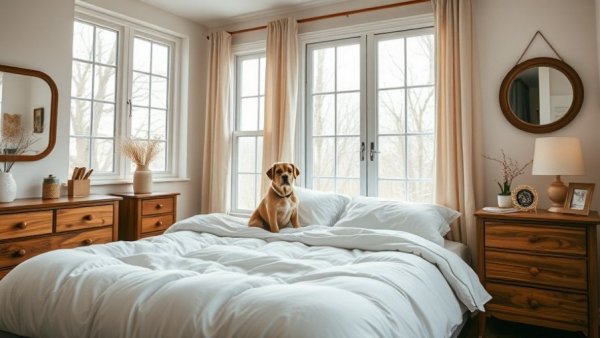 Cozy bedroom with cinched duvet cover, dog on bed, warm decor.